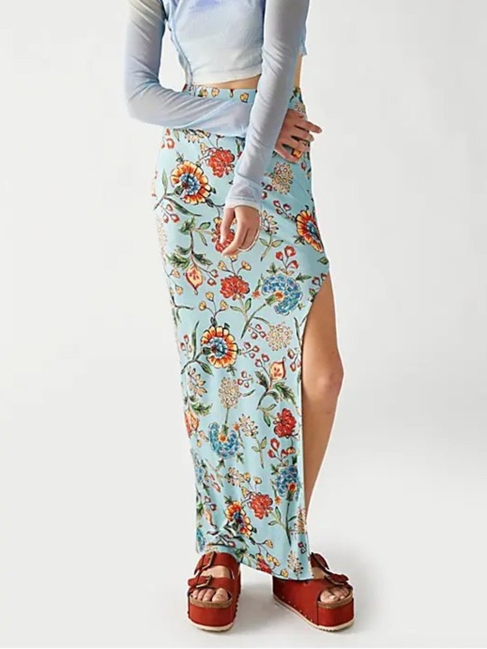 Free People Small Floral Print Stretch Jersey Side-Slit Maxi Skirt in Light Blue